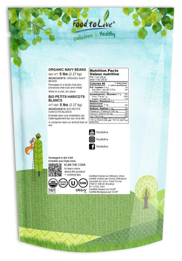 Food To Live Organic Navy Beans, 5 Pounds Non-Gmo Verified, Kosher, Vegan, Dried White, Bulk. High In Protein And Dietary Fiber