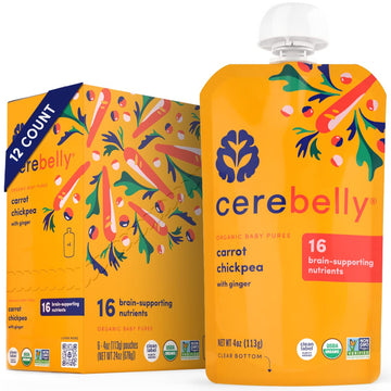 Cerebelly Organic Baby Food Pouches, Carrot Chickpea Purees, 16 Nutrients, No Added Sugar, Fiber & Non-Gmo, 4Oz, 12 Pack