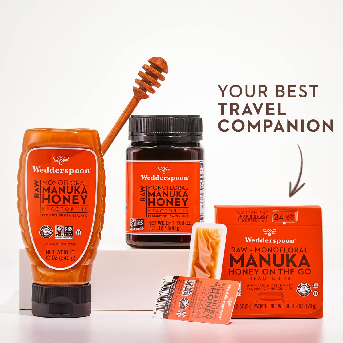 Wedderspoon Raw Manuka Honey KFactor 16, Unpasteurized, 4.2 Oz (24 Travel Packs), Genuine New Zealand Honey, Traceable Quality