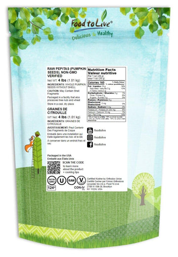 Food To Live - Raw Pepitas, 4 Pounds Non-Gmo Verified, Pumpkin Seed Kernels, Unsalted, No Shell, Vegan, Kosher, Keto, Bulk. Wholesome Snack. High In Protein, Essential Fatty Acids. Great For Baking.