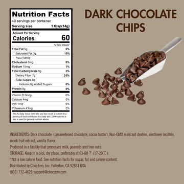 ChocZero Dark Chocolate Chips - Sugar Free, Low Carb, Keto Friendly - 20 Ounce Bulk Bag for Baking