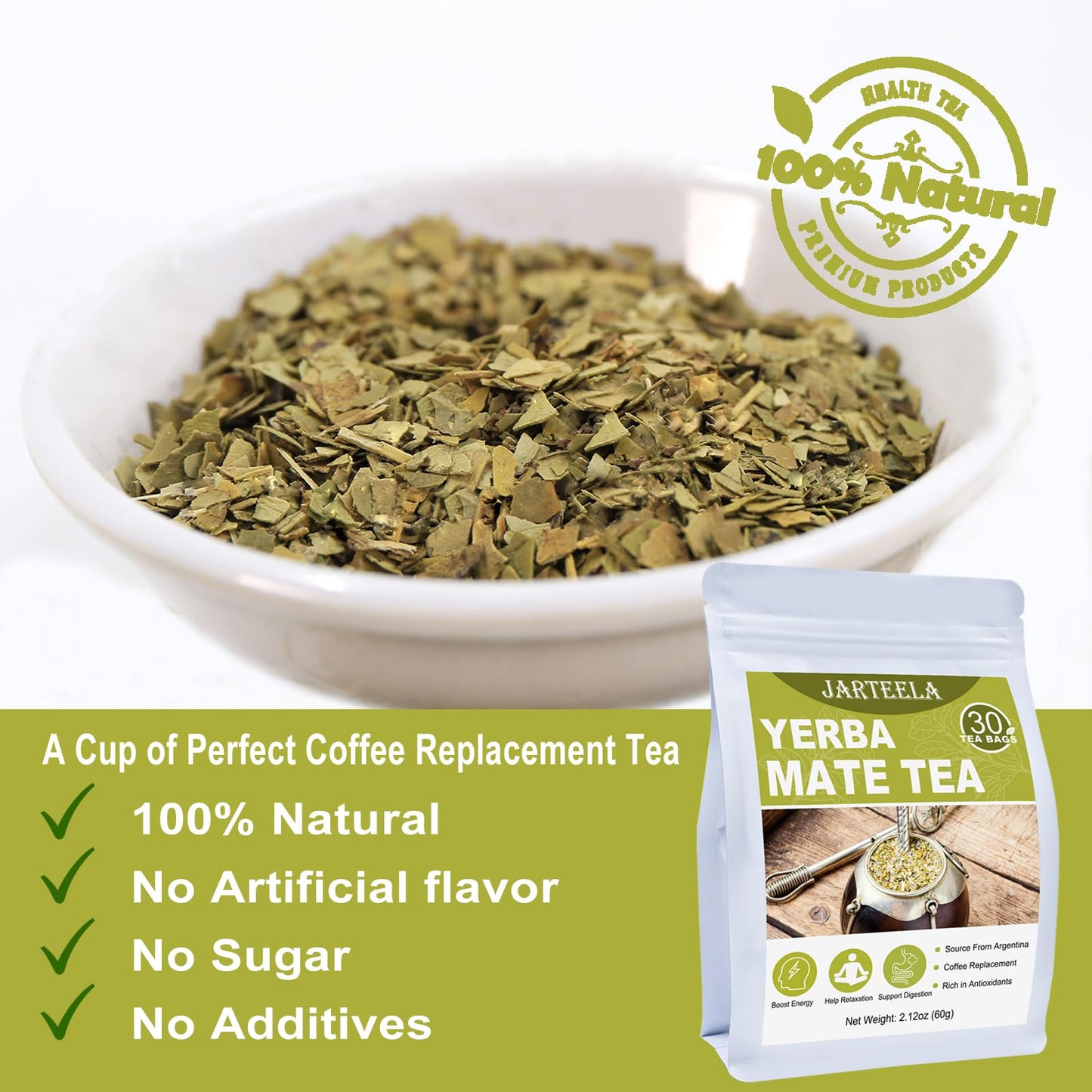 Jarteela Yerba Mate Tea Bags, Unsmoked from Argentina, 2g x 30 Count, Perfect Coffee Replacement