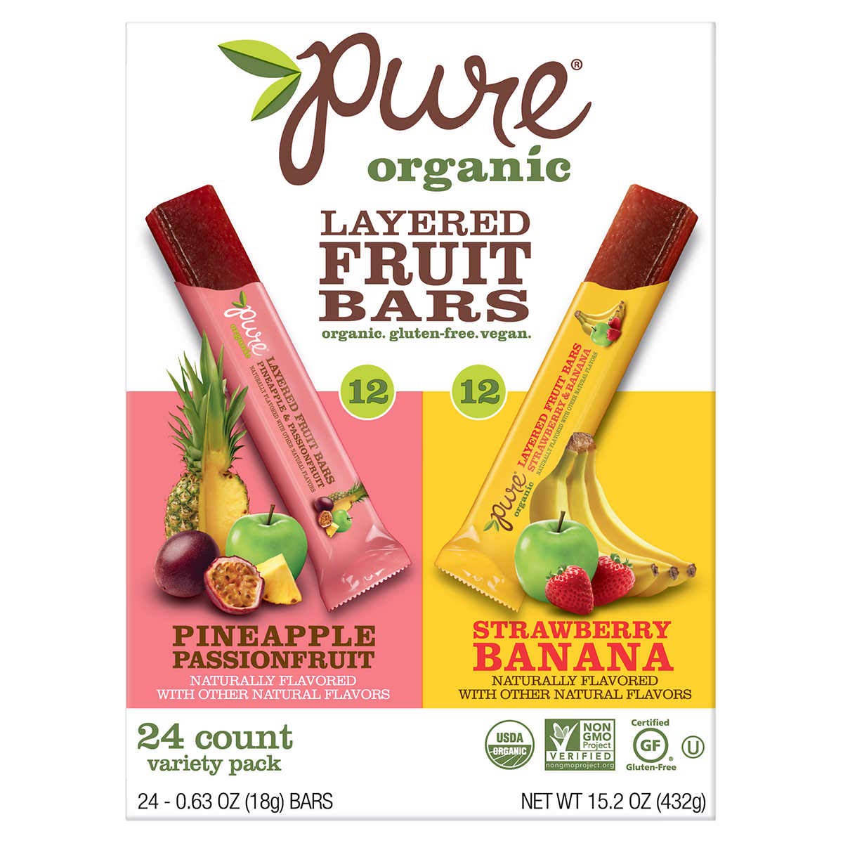 Pure Organic Layered Fruit Bars (Pineapple, Passionfruit and Banana), 24 Count