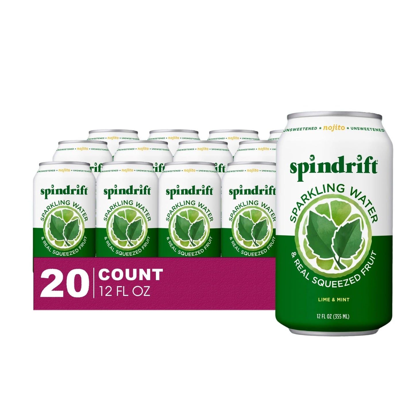 Spindrift 20- Pack of Nojito Lime & Mint Sparkling Water & Real Squeezed Fruit 12 fl oz Can
