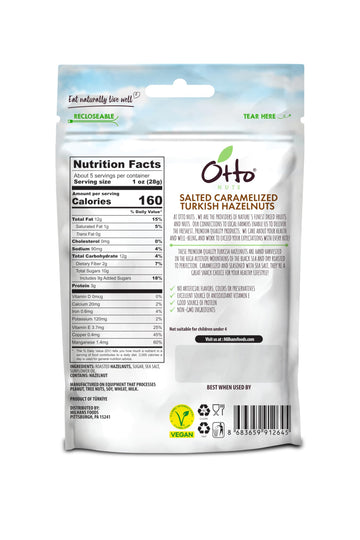Otto Nuts - Salted Caramelized Turkish Hazelnuts, Non-Gmo Naturally Vegan Snack, Good Source Of Protein | 5 Oz With Resealable B