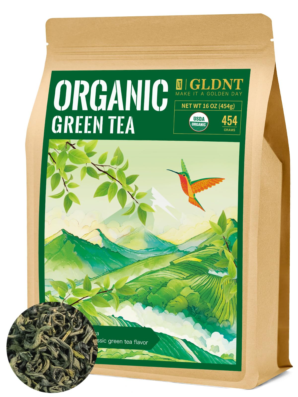 Gldnt Organic Green Tea Loose Leaf High Mountain Smooth & Delicate Flavor Caffeinated 16Oz