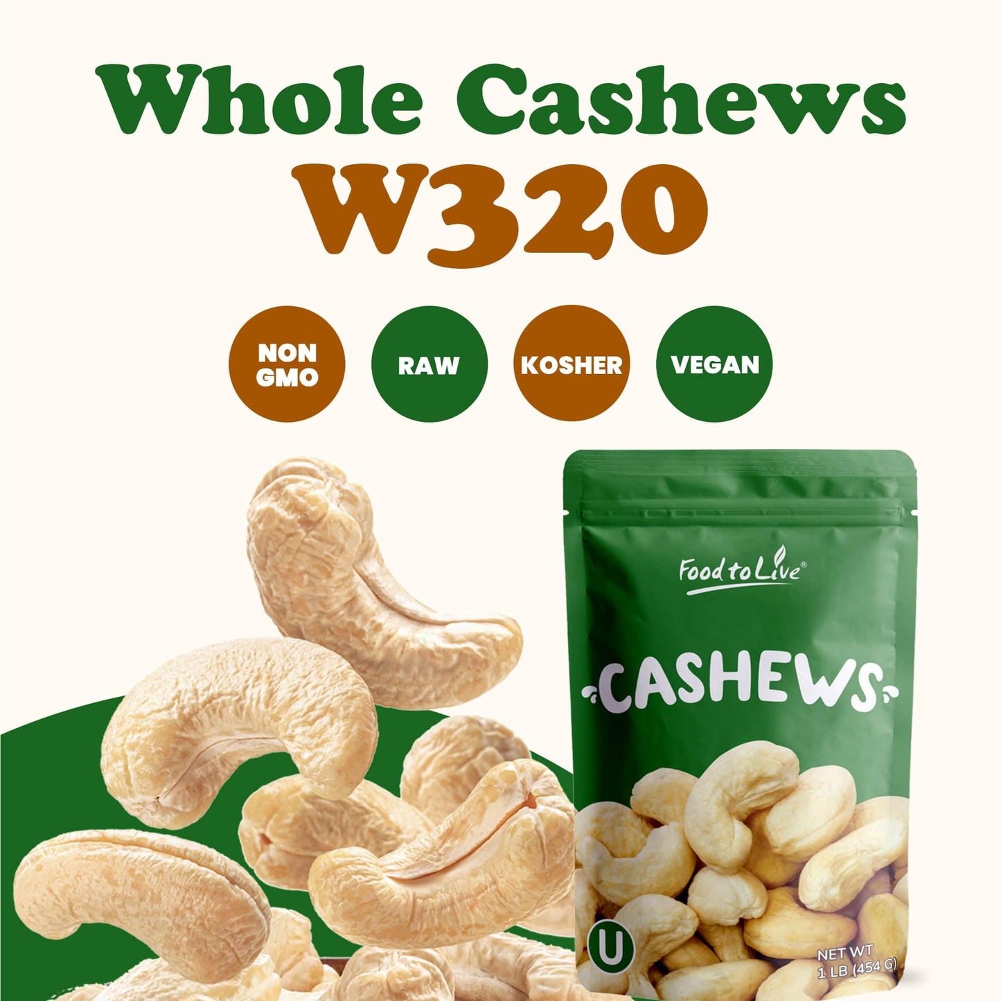 Food To Live Raw Cashews, 5 Pounds - Non-Gmo Verified, Deluxe Whole Nuts, Unsalted, Unroasted, Size W-320, Vegan, Kosher, Bulk