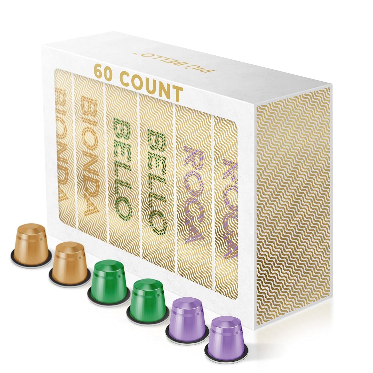 Piu Bello Coffee Pods Variety Pack - Nespresso Machine (Oriflavor Blendal) Compatible Units - 3 Light Flavors Of Chocolate Nuts Sweet Caramel - Rich & Balanced Taste Kosher (3 Flavor Multipack 60 Count)