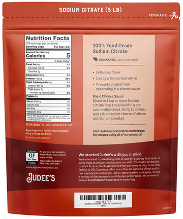 Judee’s Sodium Citrate 5 lb - Non-GMO, Gluten-Free Emulsifier for Cheese Sauce & Molecular Gastronomy - Keto-Friendly and Nut-Free