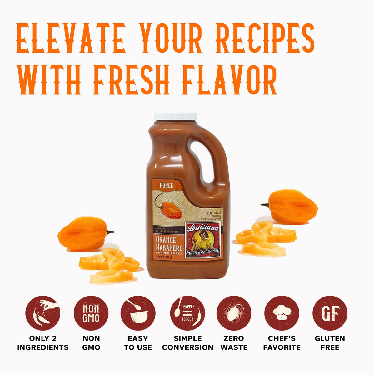 Louisiana Pepper Exchange Orange Habanero Pepper Puree Sauce Salsa, Spicy Sweet Tropical Seasoning, Plant-Based, Gluten-Free, 64