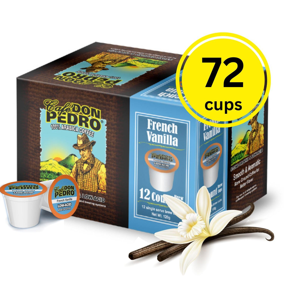 Cafe Don Pedro French Vanilla Low Acid Coffee Pods, 100% Arabica, 72 Cups, Compatible with K-Cup Coffee Makers
