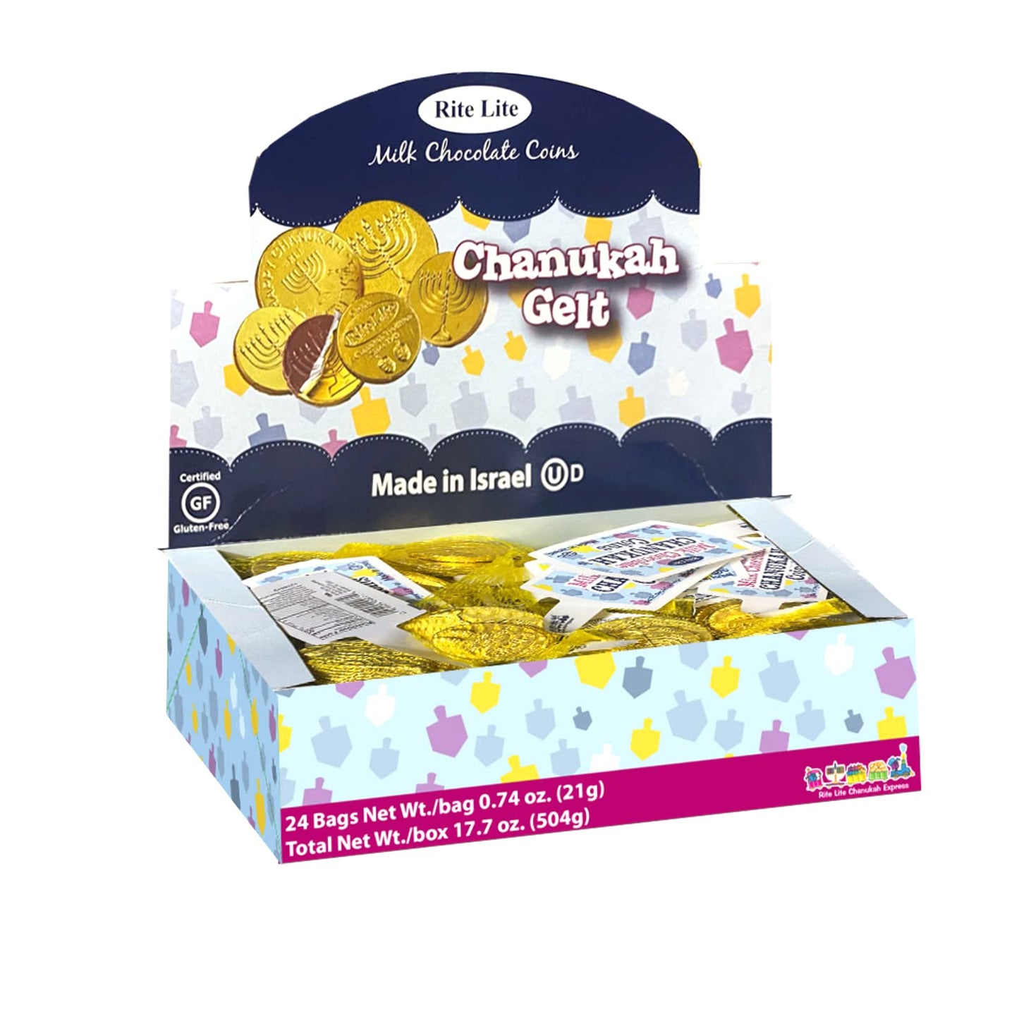 Rite Lite Chanukah Milk Chocolate Gelt Chocolate Large Coins - 24 Bags In a Display Box - .5 Ounces of Chocolate Extra Large Han