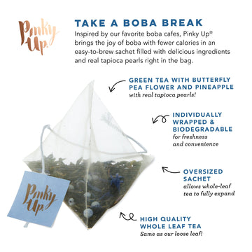 Pinky Up Butterfly Boba Tea Sachets - Low Calorie Whole Leaf Green Tea Bubble Tea - Boba Gift 12 Biodegradable Tea Bags
