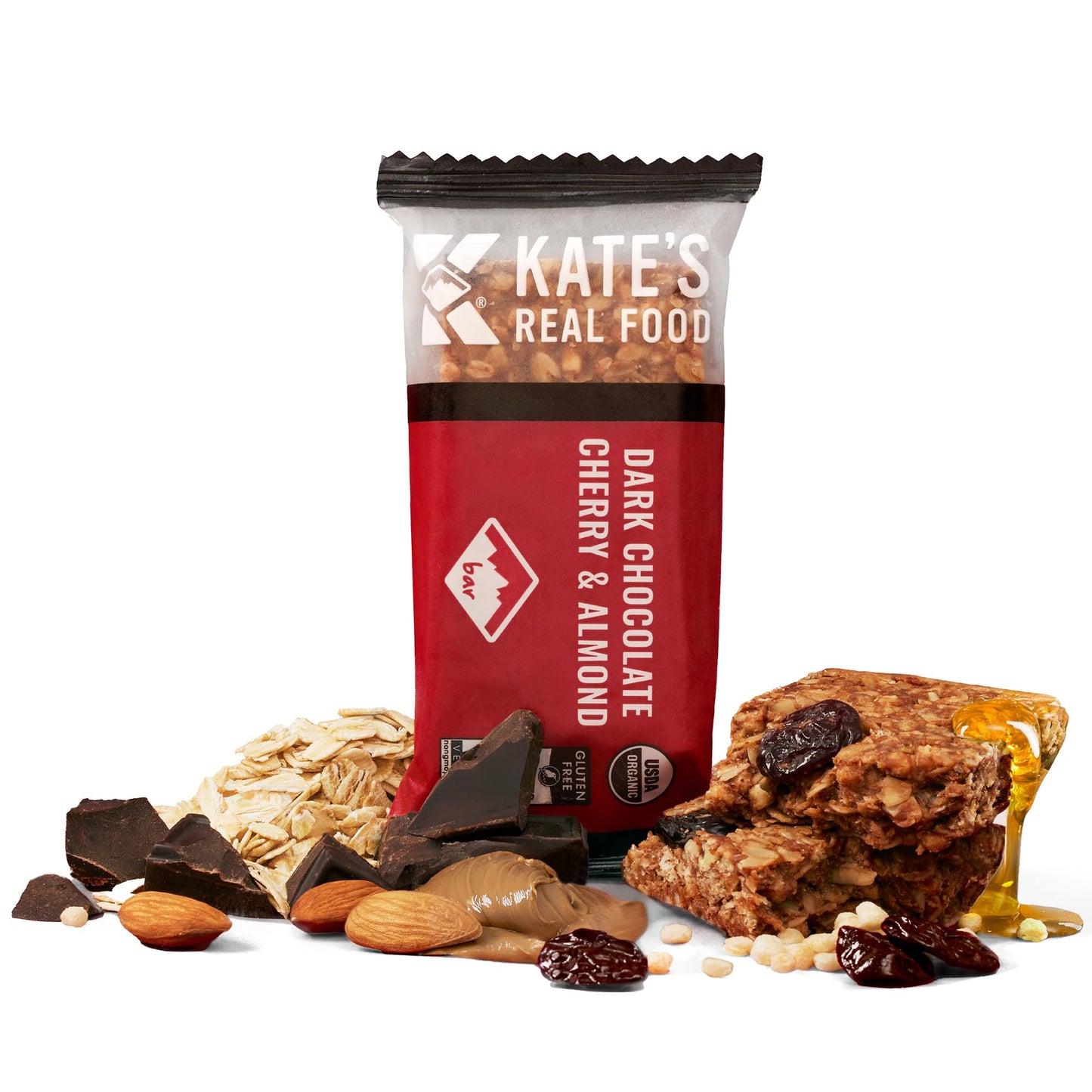 Kates Real Food Organic Granola Bars - Dark Chocolate Cherry & Almond (2.2 Oz Pack Of 12) - Organic Energy Bars Made With Gluten Free Oats - Non Gmo Soy Free Whole Grains And All Natural - Healthy Snacks