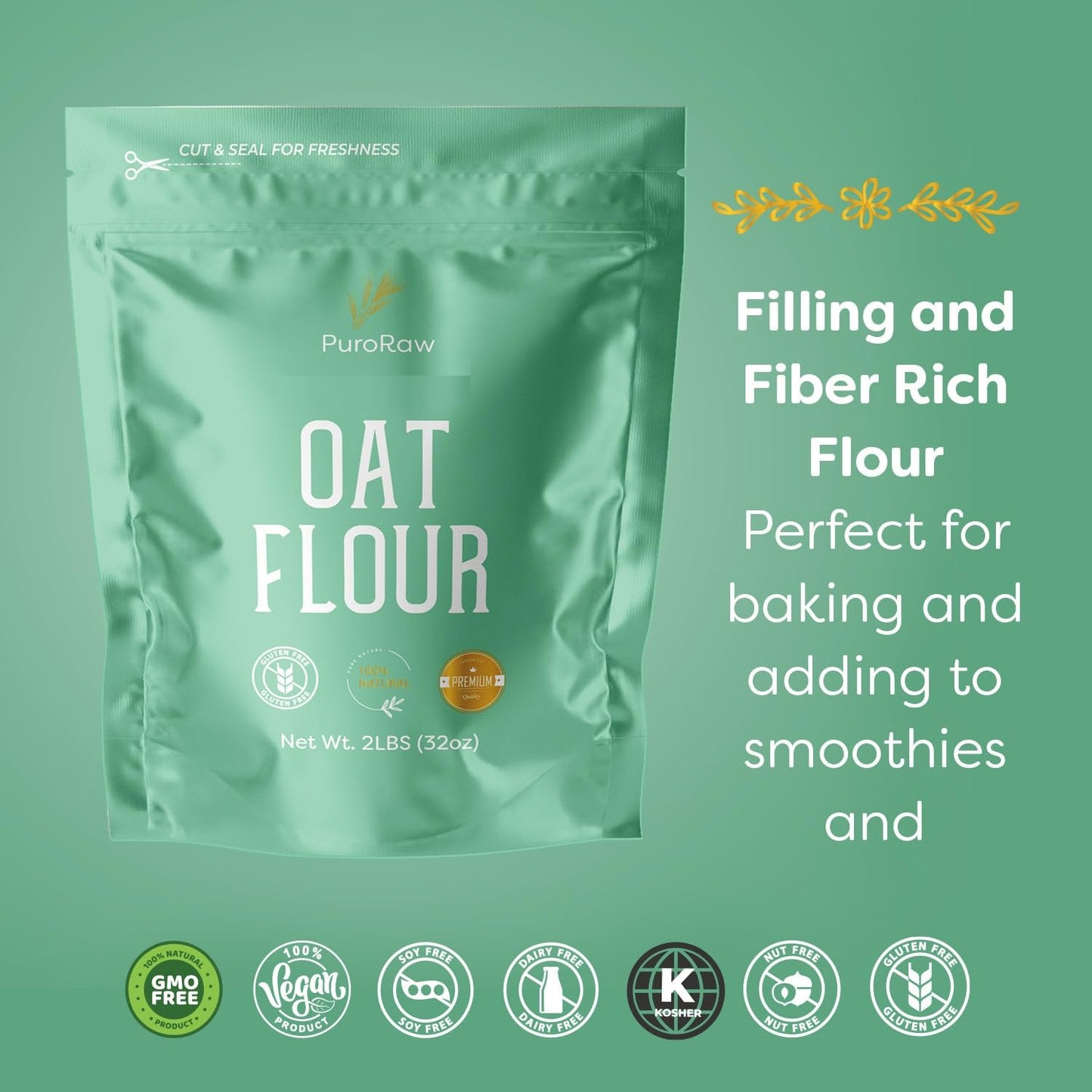 PuroRaw Oat Flour, Gluten Free, Non-GMO, 32 Ounce, Product of Canada