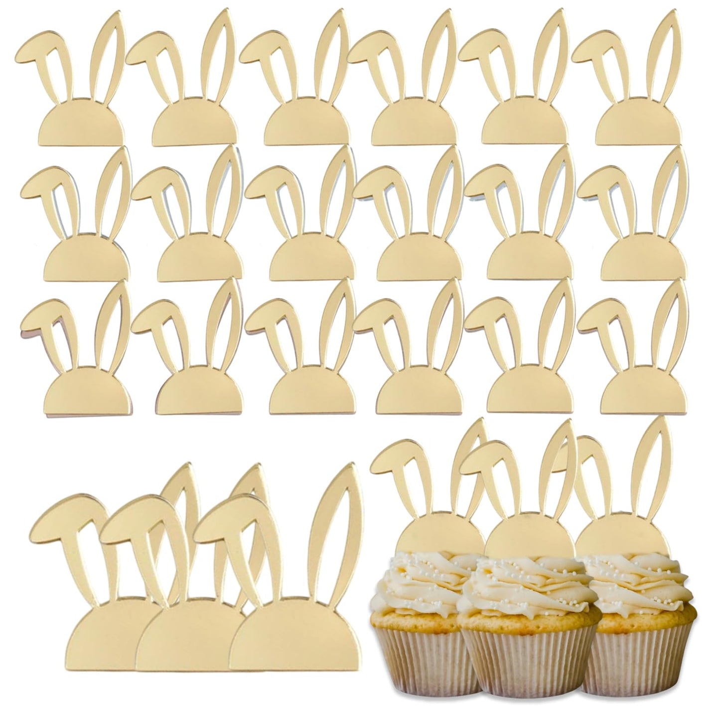 24 Pcs Easter Bunny Cupcake Topper Acrylic Cake Disc Mirror Rabbit Ear Cake Toppers For Spring Easter Decorations (Gold)
