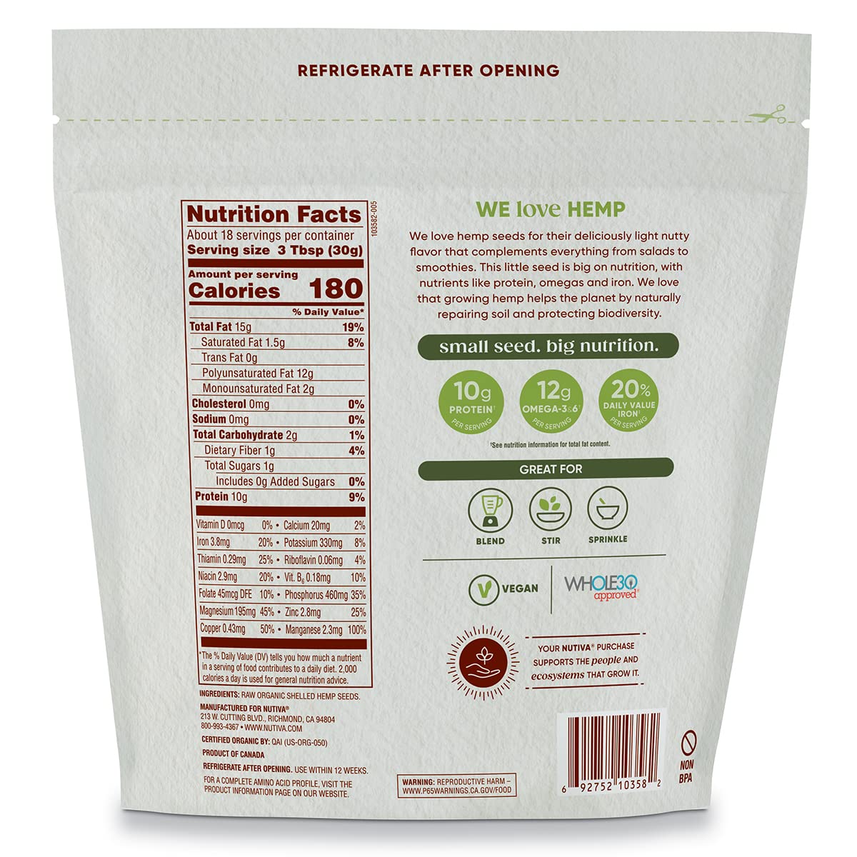 Nutiva Organic Shelled Hemp Seed, 19 Ounce, Usda Organic, Non-Gmo, Non-Bpa, Whole 30 Approved, Vegan, Gluten-Free & Keto, 10G Plant Protein And 12G Omegas Per Serving For Salads, Smoothies & More