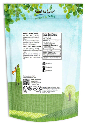 Food To Live Black-Eyed Peas, 3 Pounds - Raw Dried Whole Cow Peas, Kosher, Vegan, Sproutable. High In Dietary Fiber, Easy To Cook. Product Of The Usa