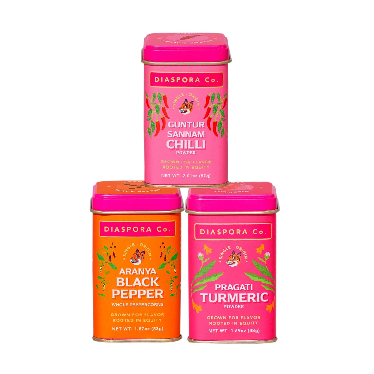 Diaspora Spice Co. Spice Trio Gift Set - Pragati Turmeric Aranya Black Pepper & Guntur Sannam Chili - Top-Grade Single-Oriflavor Blend Indian Spices For Cooking & Gifting