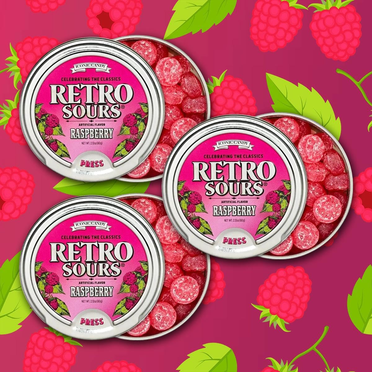 Retro Sours Hard Candy - Tangy Fruity Vintage Candy - Classic Sour Candy Gift Set Of Retro Sourtins - 3-Tin Pack 60G Each (Raspberry)
