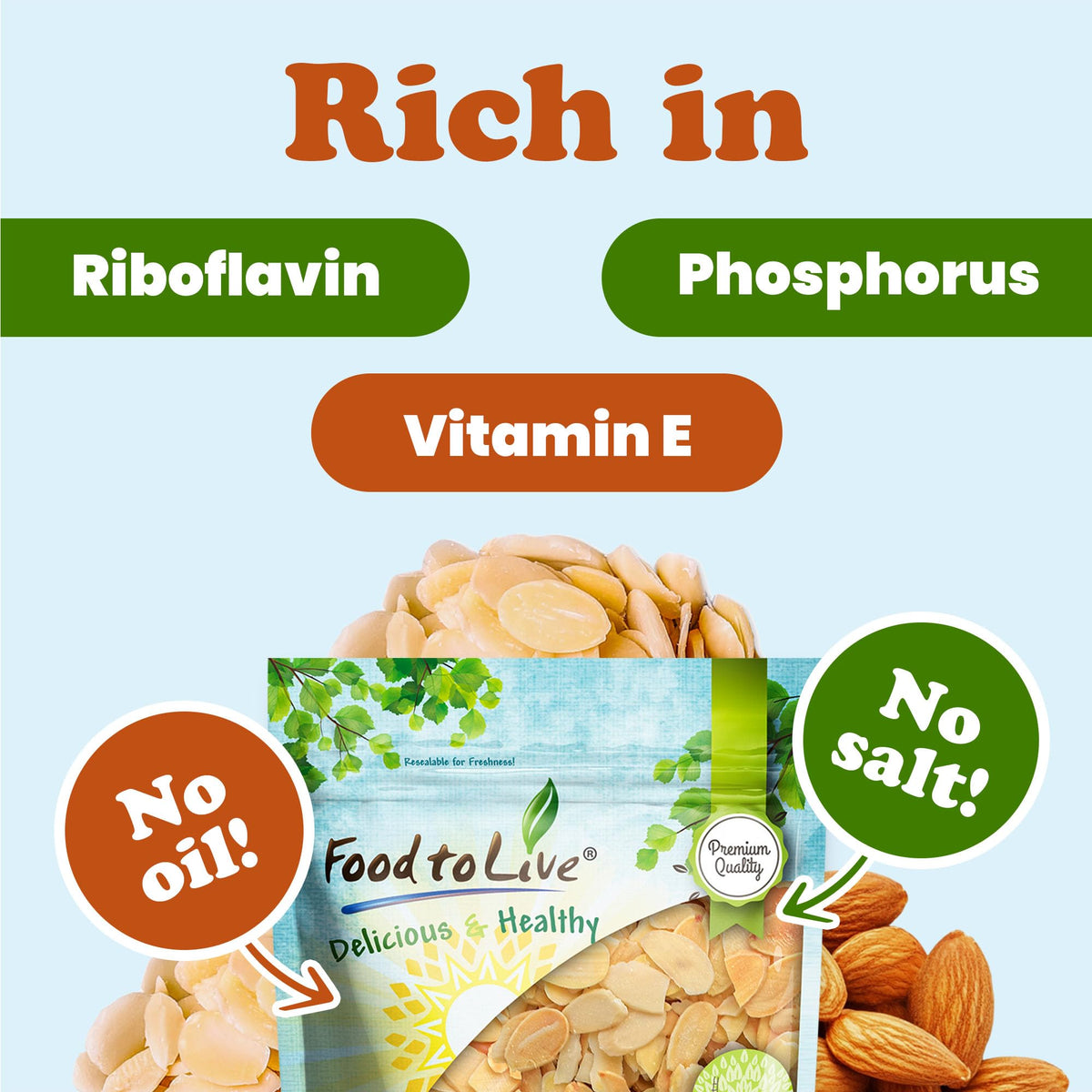 Food to Live Dry Roasted Blanched Sliced Almonds, 1.5 Pounds - Perfectly Oven Toasted for Maximum Flavor, Unsalted, No Oil Added