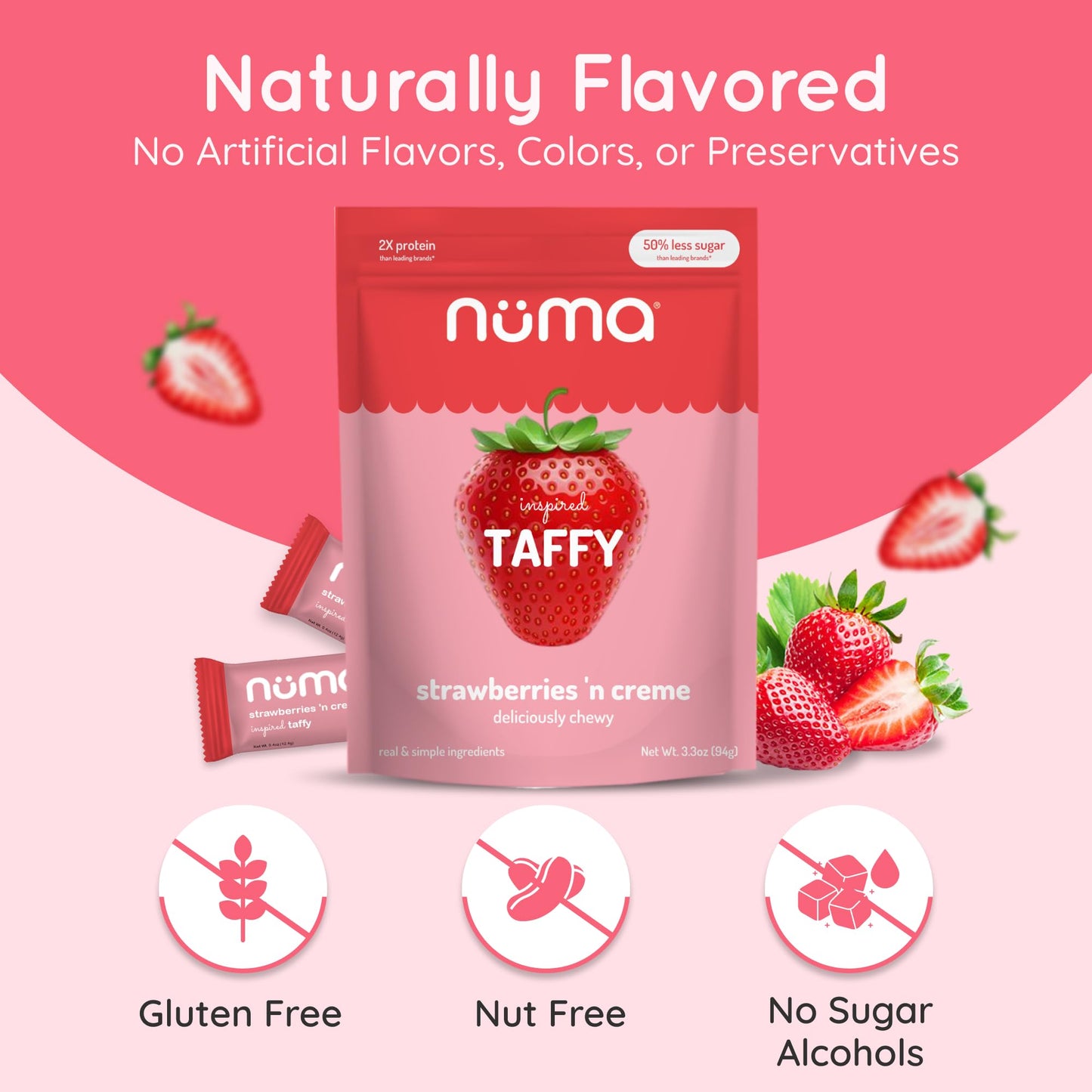 Numa Taffy Candy - Strawberries and Creme Made w Real & Simple Ingredients - Low Sugar, High Protein, Low Calorie, All Natural,