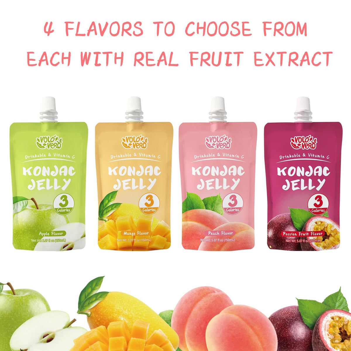 VOLO VERO Konjac Jelly Squeeze Pouch Peach Flavor, Low Calories (3 Kcal), 10 Packs, Gluten Free & Vegan, 0 Sugar, Keto, Low Carb