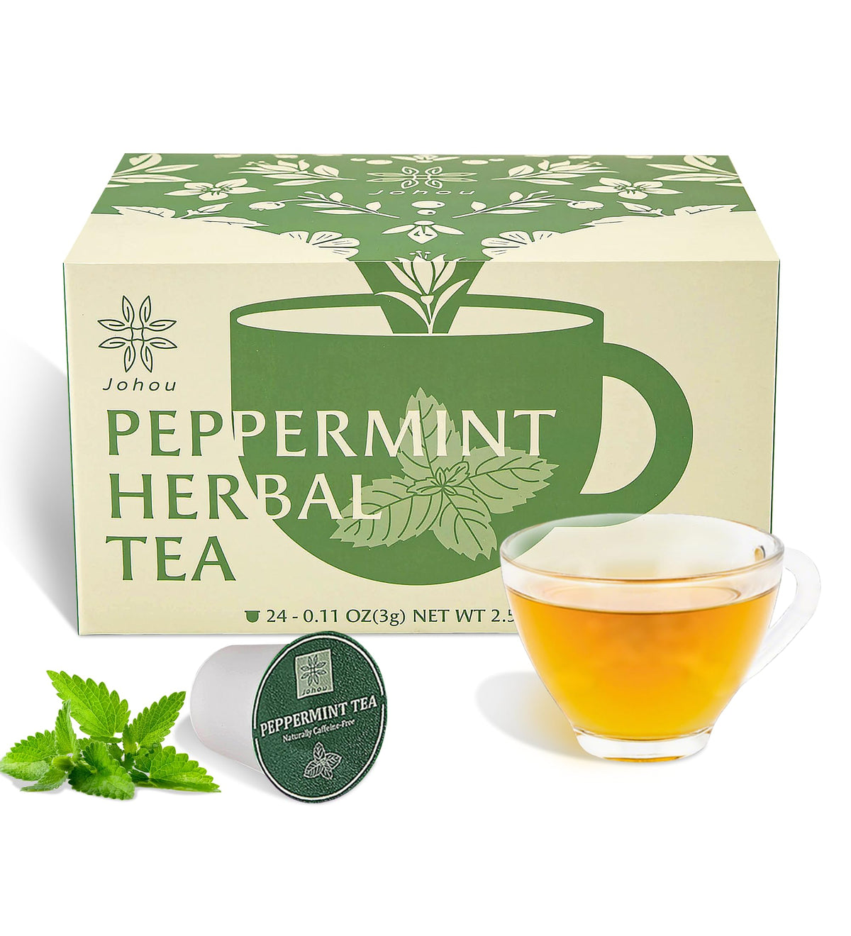 Johou Peppermint Herbal Tea Pods Specially Ground Pure Herb Full-Flavor Compatible With All K-Cup Beverage Makers & Keurig 2.0 24 Pods Energy Blend Free Sleep Time Tea Made In Taiwan
