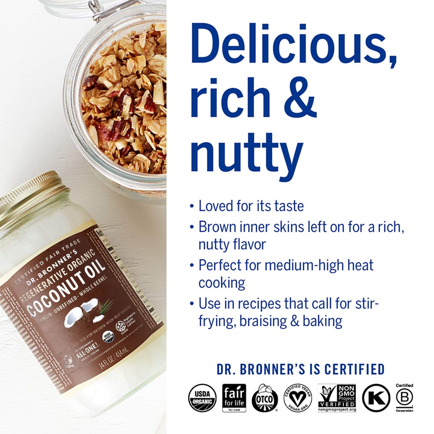 Dr. Bronner'S - Organic Virgin Coconut Oil (Whole Kernel, 14 Ounce) - Coconut Oil For Cooking, Baking, Hair & Body, Unrefined &