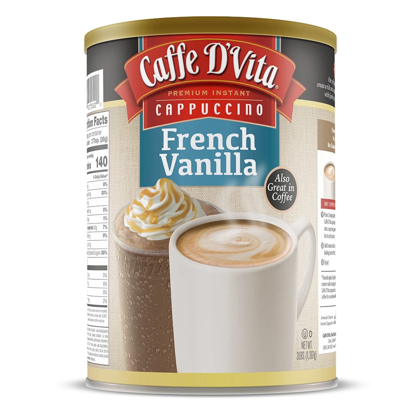 Caffe Dvita French Vanilla Cappuccino Mix - Instant Cappuccino Mix French Vanilla Instant Coffee Gluten Free No Cholesterol No Hydrogenated Oils 99% Energy Blend Free - 3 Lb Can