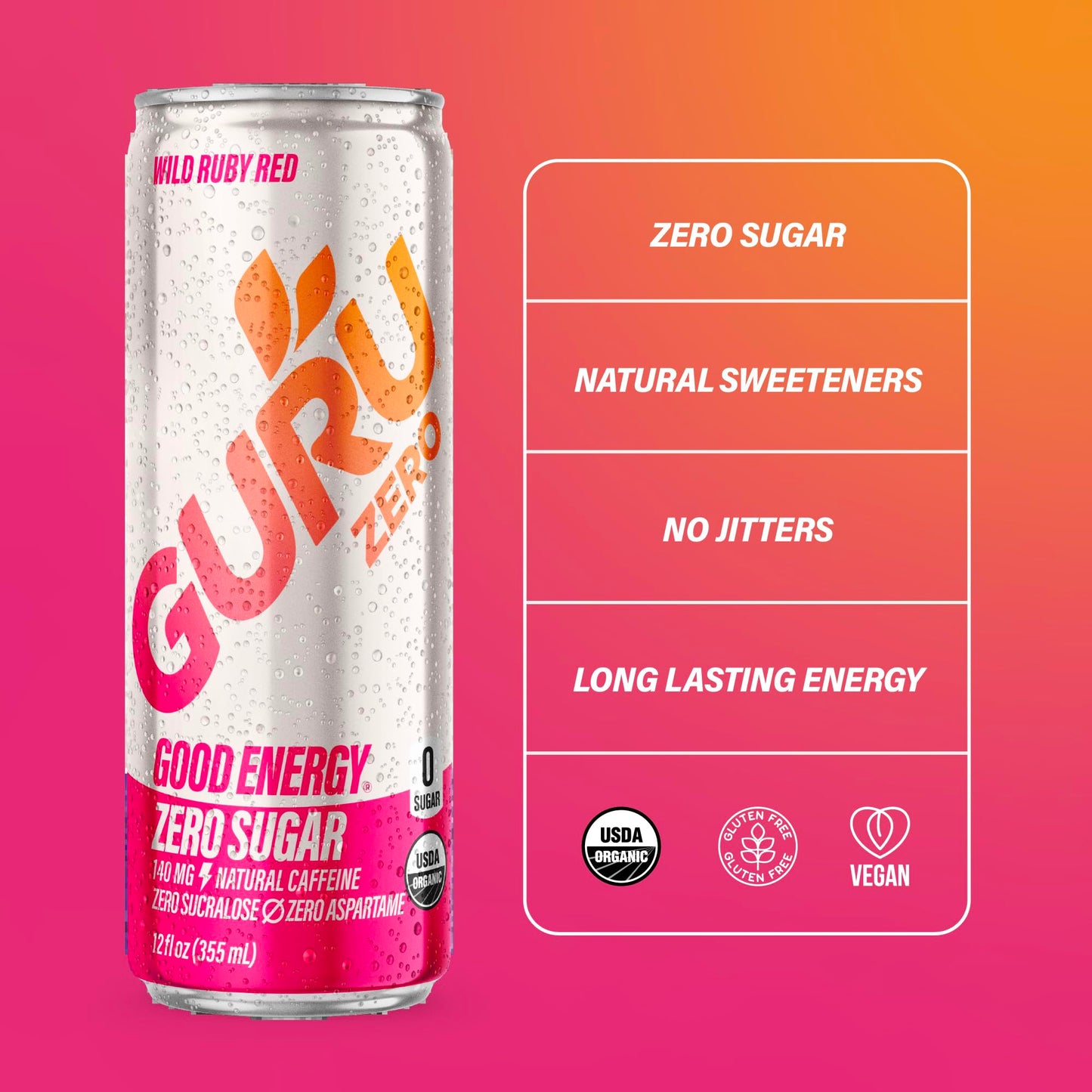 GURU Energy Drink Wild Ruby Red, Zero Sugar, Plant-Based Caffeine, 12 Fl Oz (Pack of 24)