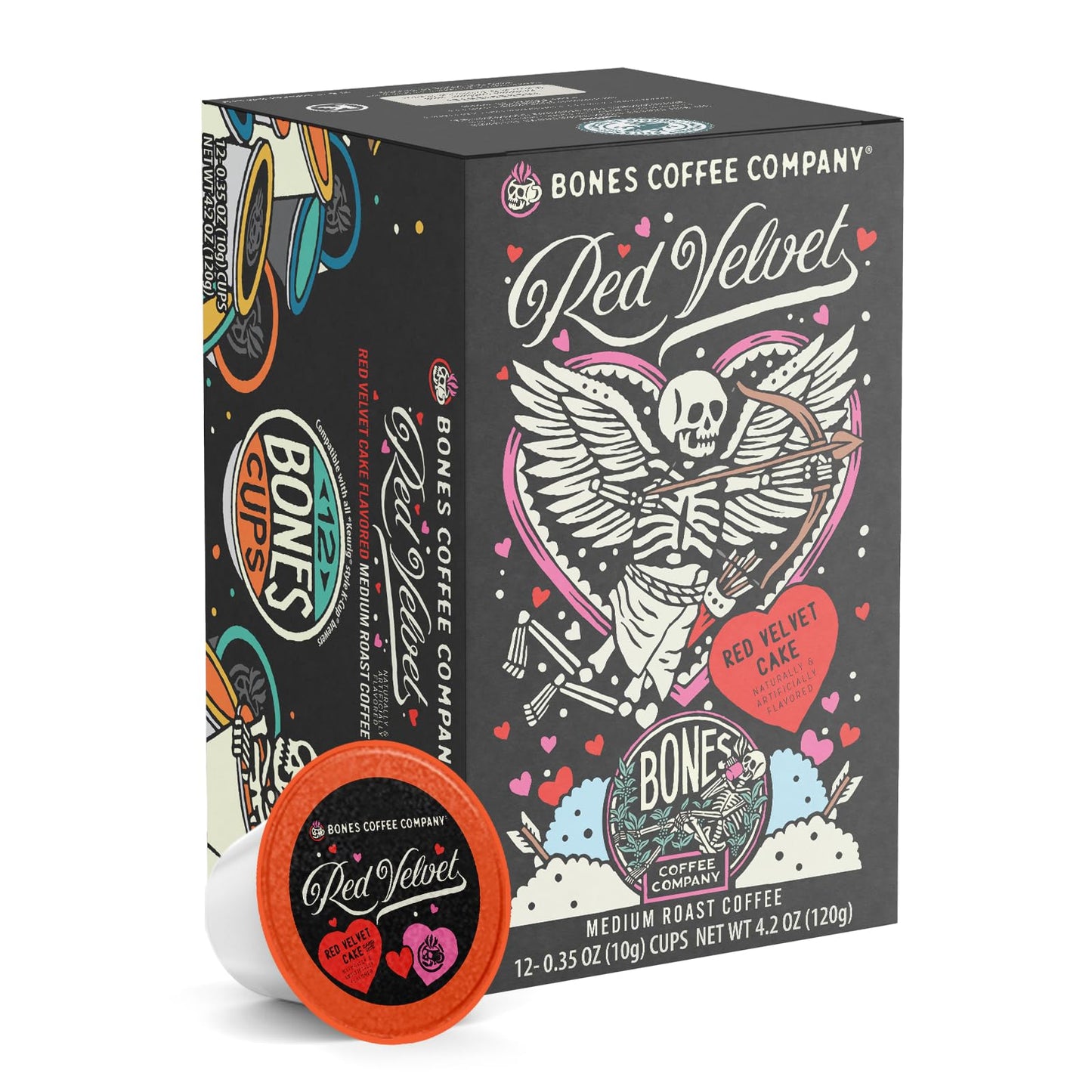 Bones Coffee Company Red Velvet Red Velvet Cake Flavored Coffee Pods Low Acid Medium Roast Single-Serve Bones Cups Compatible With 1.0 & 2.0 K-Cups Beverage Makers Coffee Maker 12 Count
