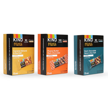 Kind Minis, Variety Pack. Contains 1 Peanut Butter Dark Chocolate, 1 Caramel Almond & Sea Salt, And 1 Dark Chocolate Nuts & Sea