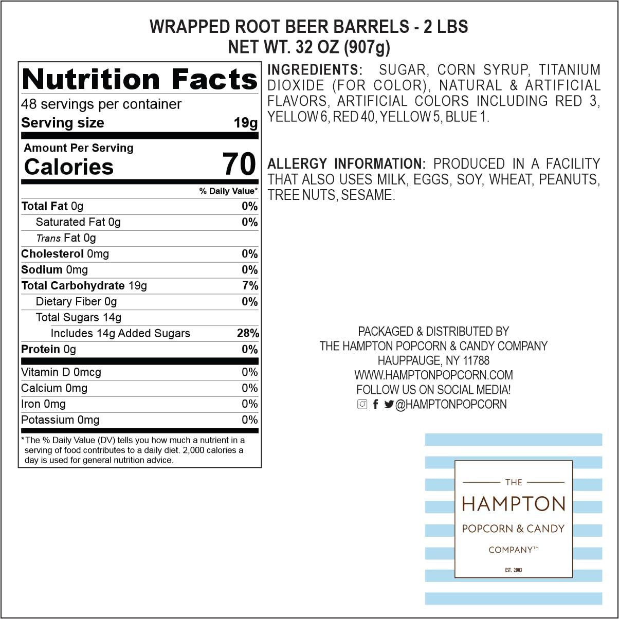 The Hampton Popcorn Root malt-inspired Barrels Hard Candy - 2lb Bulk Bag, Individually Wrapped, Old Fashioned , Approximately 130 pcs