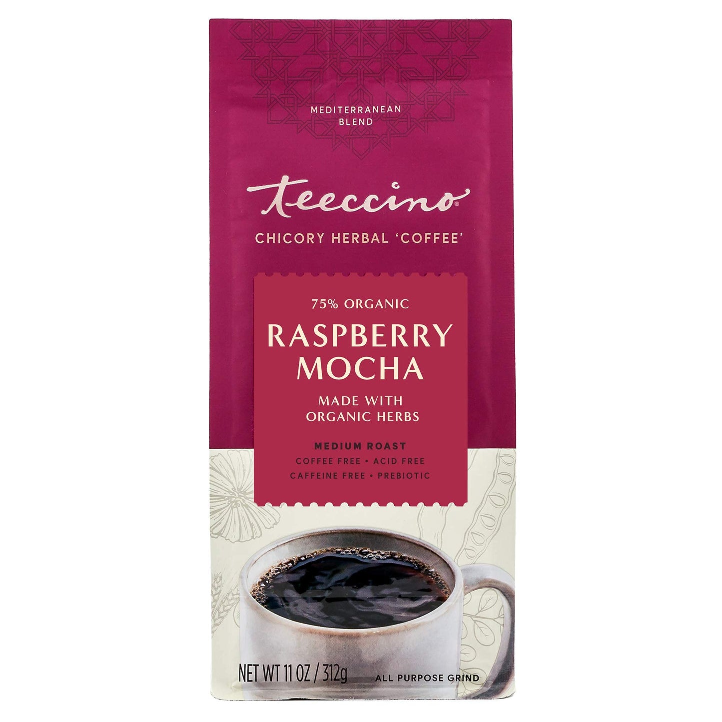 Teeccino Raspberry Mocha Herbal Coffee Alternative, Caffeine Free, Dark Roast, 11 Ounce