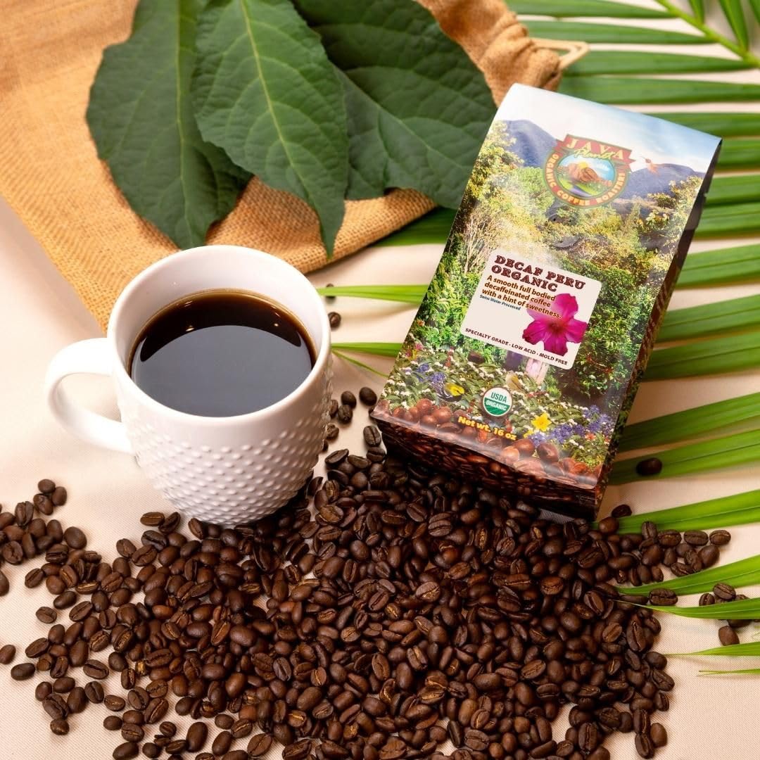 Java Planet Organic, Water Process Decaf Peru, Smooth Full Flavored Organic Coffee Beans, Low Acid, Whole Bean Coffee 1LB Bag