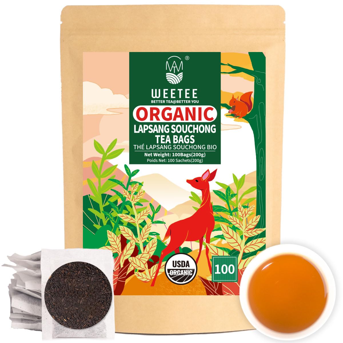 Wt Weetee Organic Lapsang Souchong Tea Bags Organic Smoky Black Tea 100 Count Natural Energy Blend & Antioxidant Classic Chinese Tea