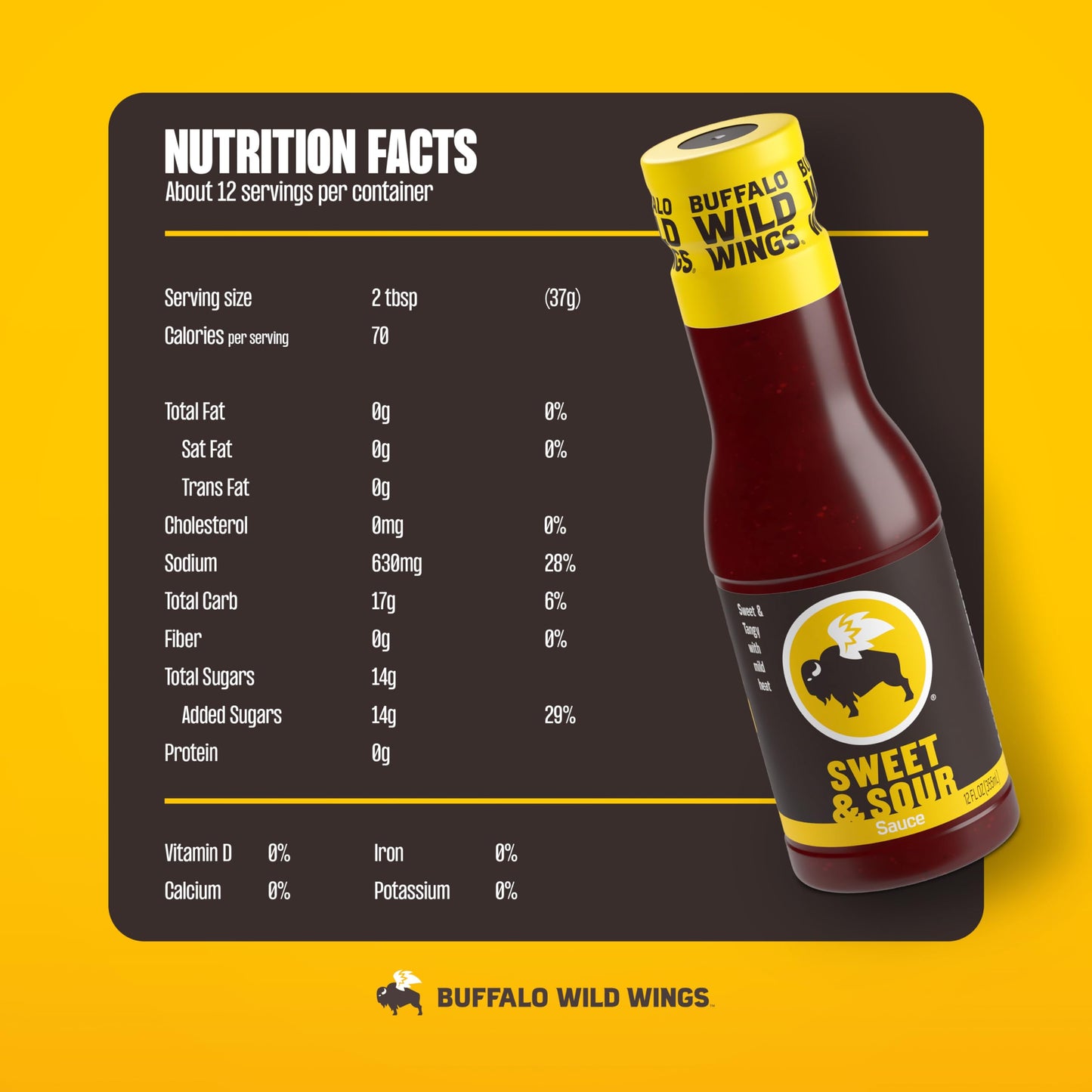 Buffalo Wild Wings Sweet and Sour Sauce, 12 fl. oz., Made with Tangy Vinegar, Perfect Dipping Sauce, Chicken Wing Glaze, Stir-Fr