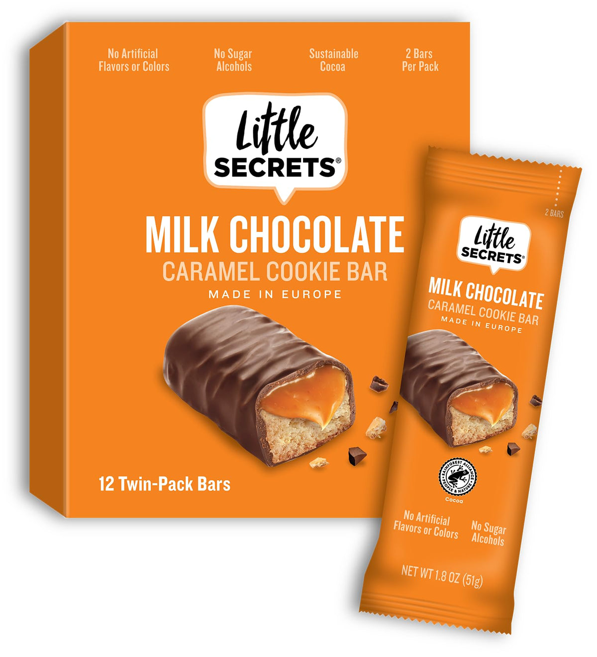Little Secrets Milk Chocolate Caramel Cookie Bars | 12 Twin Packs | Made In Europe | Nothing Artificial & No Sugar Beverage-Styles | Sustainable Cocoa | 1.8 Ounce Pack Of 12