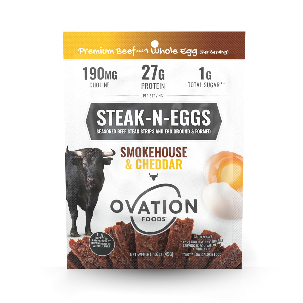 Ovation Foods Steak-N-Eggs Top-Grade Beef Layers With 1 Whole Egg 1G Total Sugar High-Protein Jerky (27G Top-Grade Protein) Gluten Free Keto Paleo 1.6Oz Bag (4 Count) - Smokehouse & Cheddar