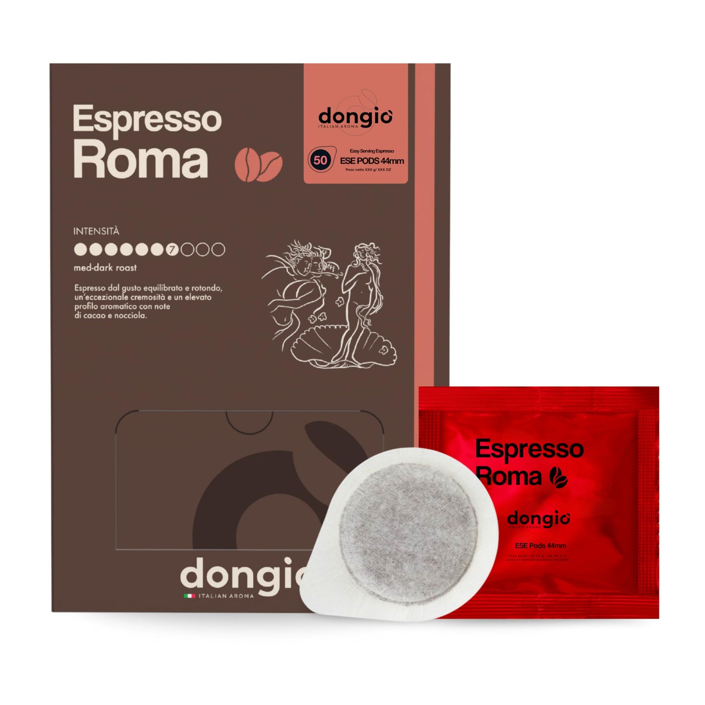Dongi Caff Espresso Roma - 50 Easy Serving Espresso Pods (Ese 44Mm) - Med-Dark Roast Coffee (Intensity 7/10) - Roasted And Blended In Italy