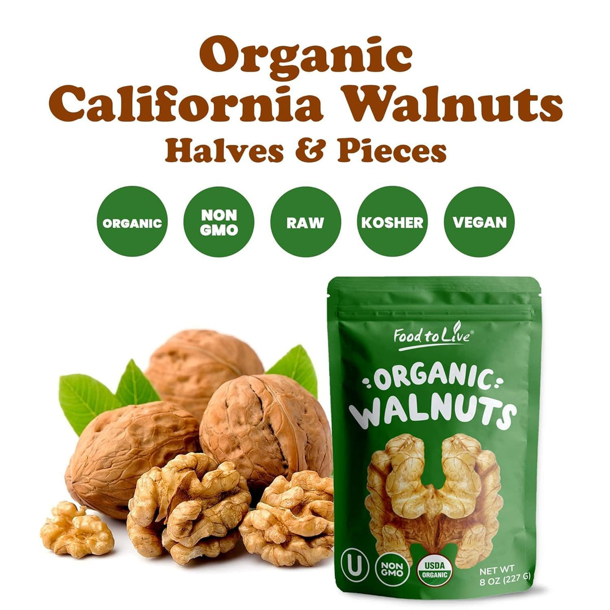 Food To Live Organic California Walnuts Halves & Pieces, 2 Pounds - Non-Gmo, Raw, Unsalted, Shelled, Vegan, Sirtfood, Bulk. High
