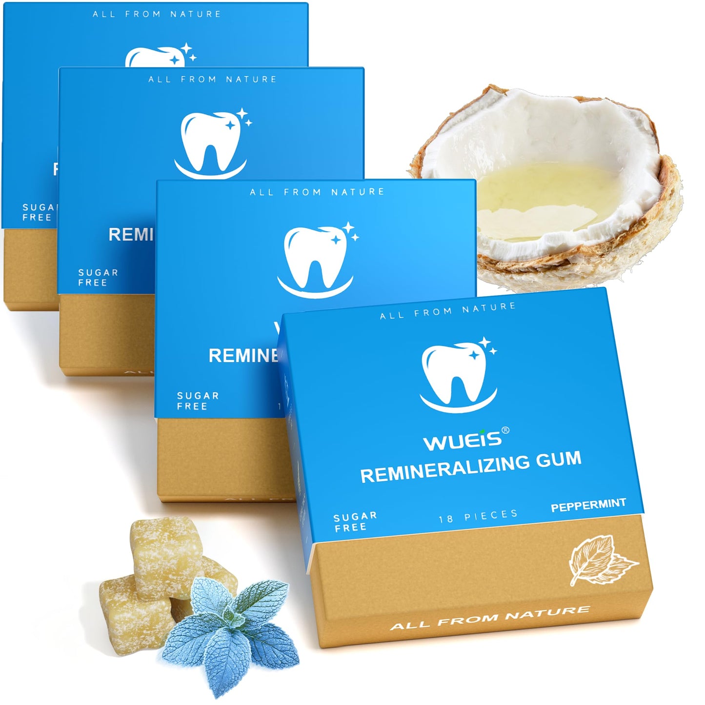 Remineralizing Gum With Xylitol Hydroxyapatite - Natural Mastic Mint Chewing Gum For Oral Care - Sugar Aspartame Plastic Dye Gluten Free - 72 Pieces (18 Count (Pack Of 4) Peppermint)