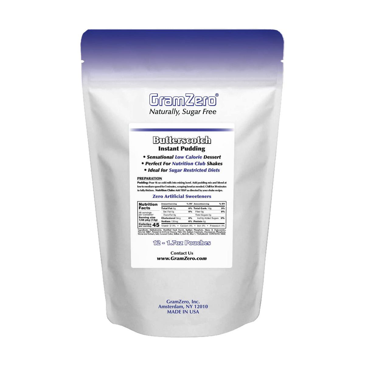 Gramzero Butterscotch Sugar Free Pudding Mix 12-Pack, Great For Nutrition Club Meal Replacement Shakes, Low Calorie Dessert, Ste