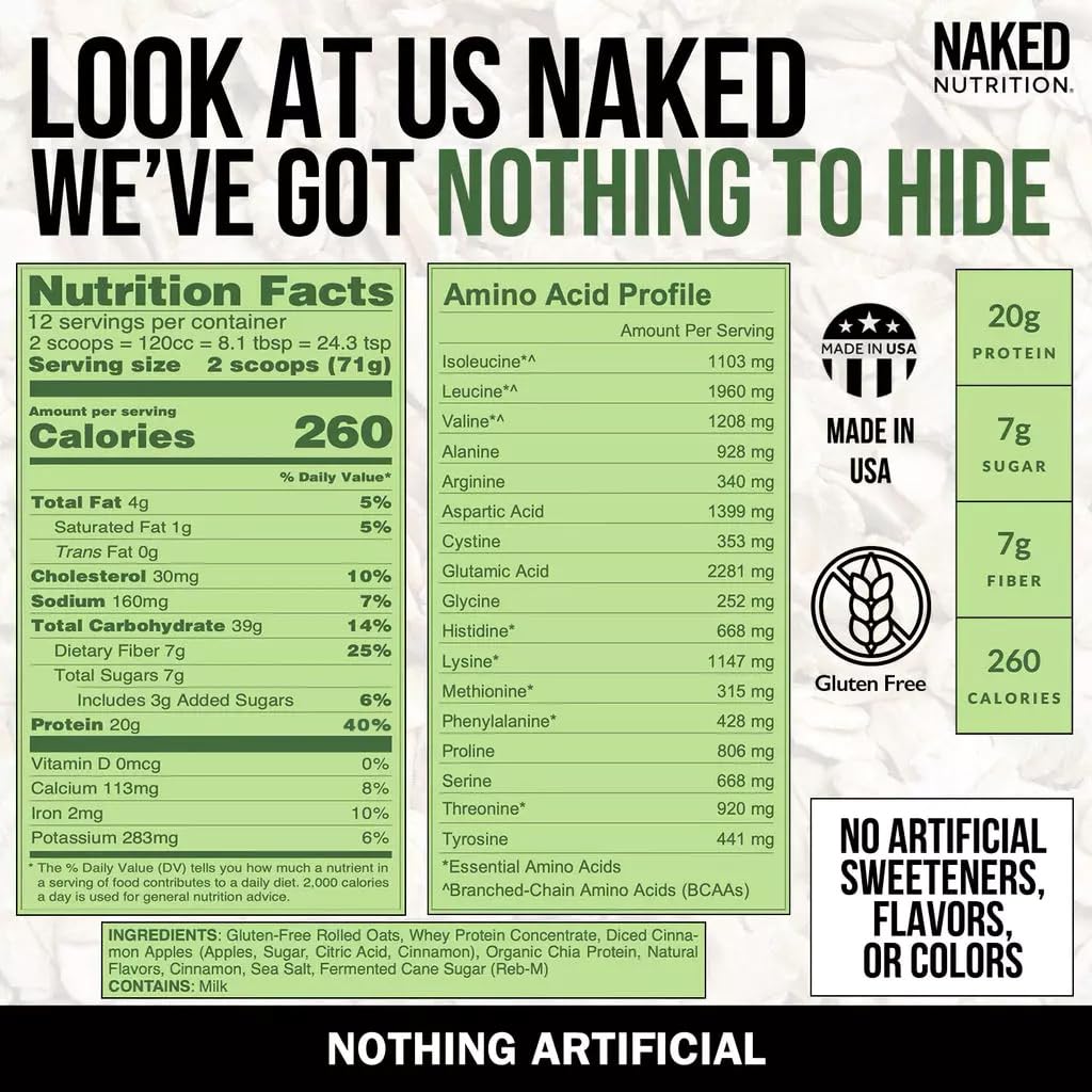 Naked Nutrition Apple Cinnamon Overnight Oats - 20g Protein, Gluten-Free, High Fiber, 30.4 Ounce (Pack of 1)