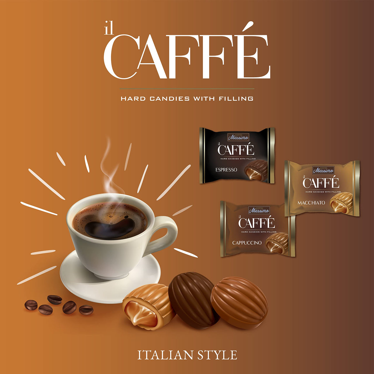 MAESTRO MASSIMO Coffee Candy, Macchiato, Espresso, Cappuccino, 3mg Caffeine, 2.2 Pound Bulk Bag, Individually Wrapped, Brown