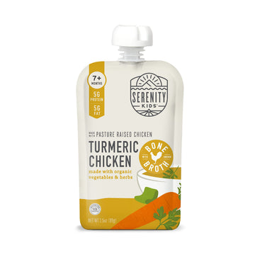 Serenity Kids 7+ Months Chicken Puree Pouch With Bone Broth - Pasture-Raised Turmeric & Veggie Blend - Clean Label Project Purity Award Certified - 3.5 Oz, 12 Pack