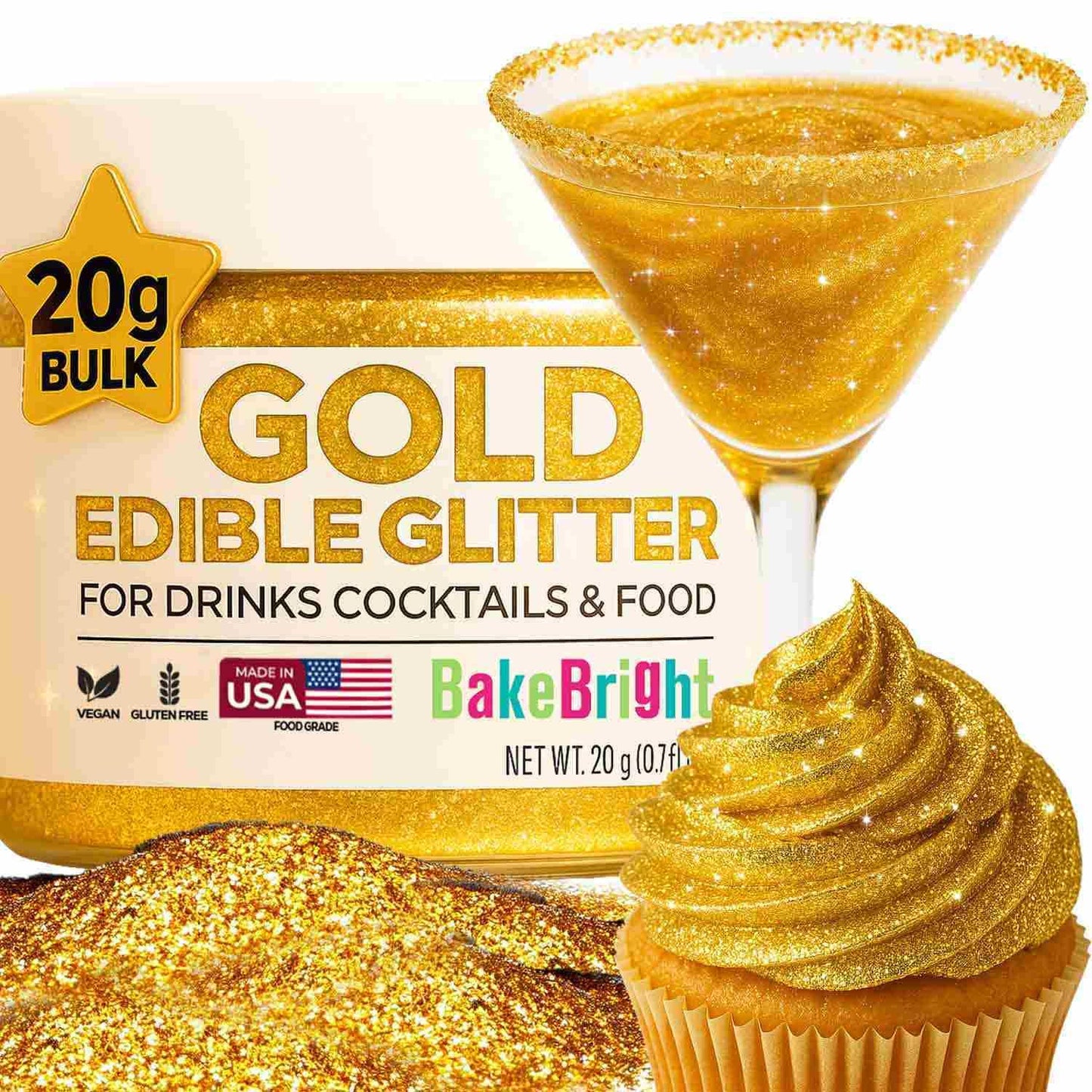 Gold Edible Glitter For Drinks Bulk 20G | Top-Grade Edible Glitter For Cakes Mixed Flavors Gold Cake Decorating Decorations Food Grade Vegan Kosher Halal Gluten Free - Made In Usa