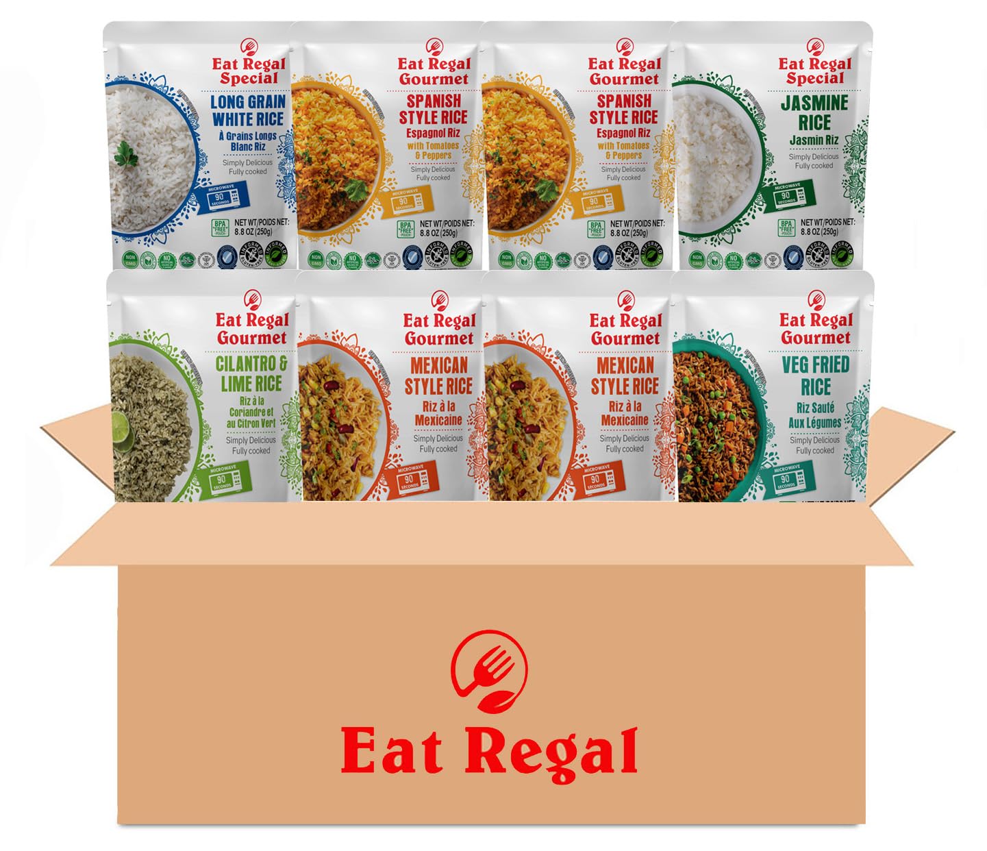 Eat Regal Heat & Eat Rice Variety Pack - 8.8 oz x 8 Pouches - 6 Flavors: Spanish (2x), Mexican (2x), Long Grain White (1x), Cila