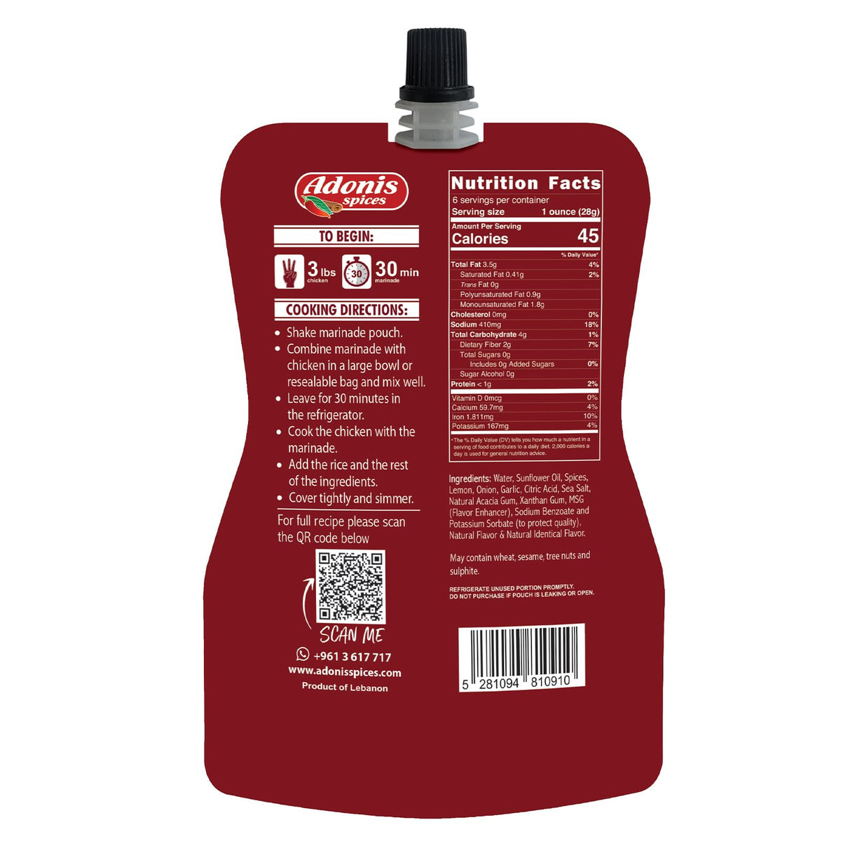 Adonis - Chicken with Rice Quick Marinade, 6 oz (170g), Ready to Use Liquid Seasoning Marinade